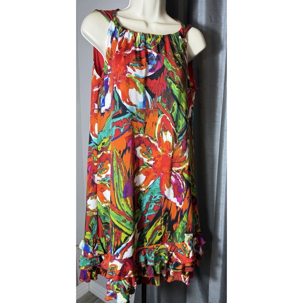 R&K Originals Women's Halter Mini Dress Medium Ruffle Hem‎ Botanical Bold Print